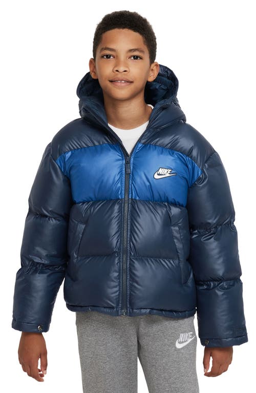 Shop Nike Kids' Sportswear Water Repellent Hooded Puffer Jacket In Midnight Navy/royal/white