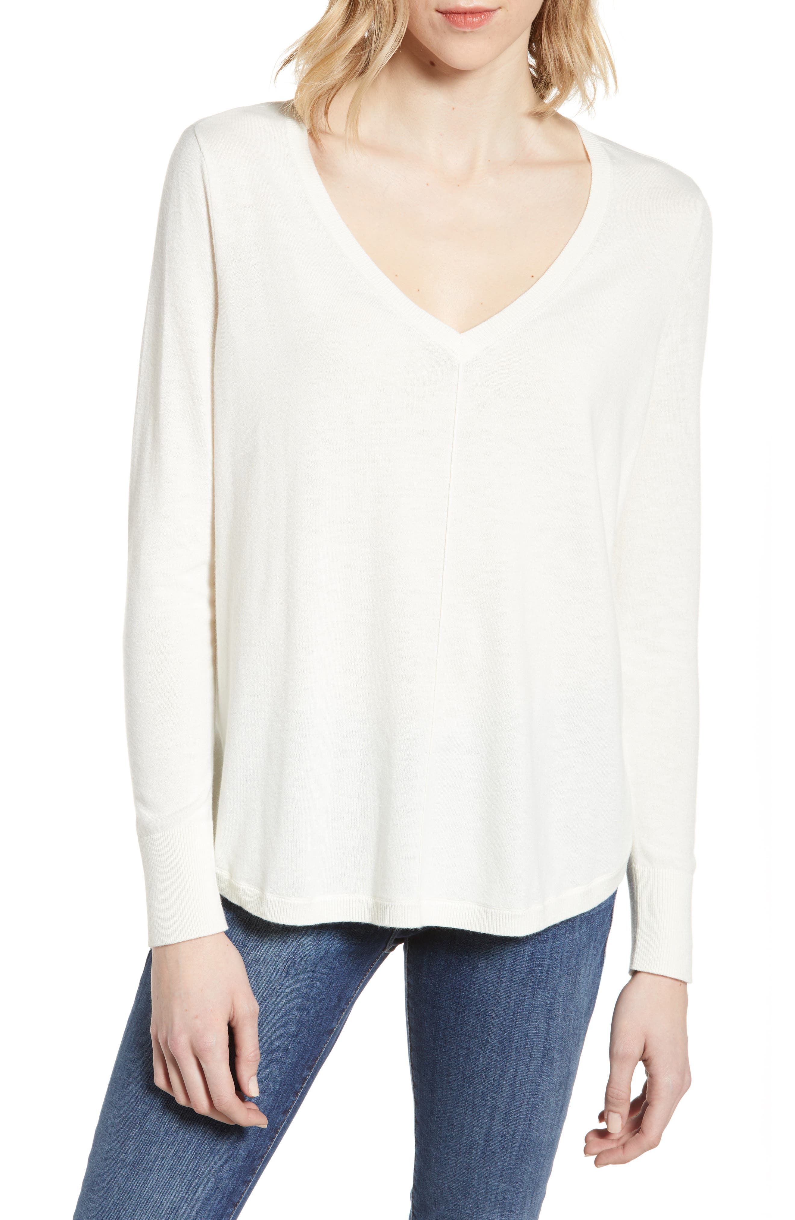 Caslon High-Low V-Neck Sweater, Ivory