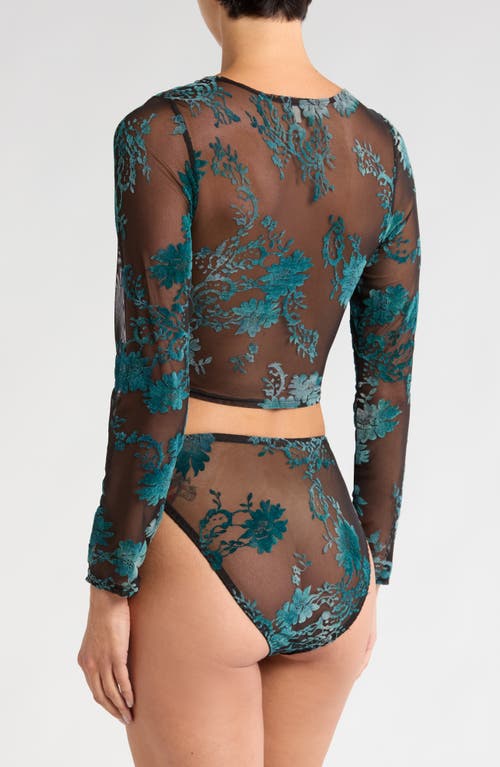 Shop Kilo Brava Floral Embroidered Mesh Long Sleeve Crop Top In Black Emerald