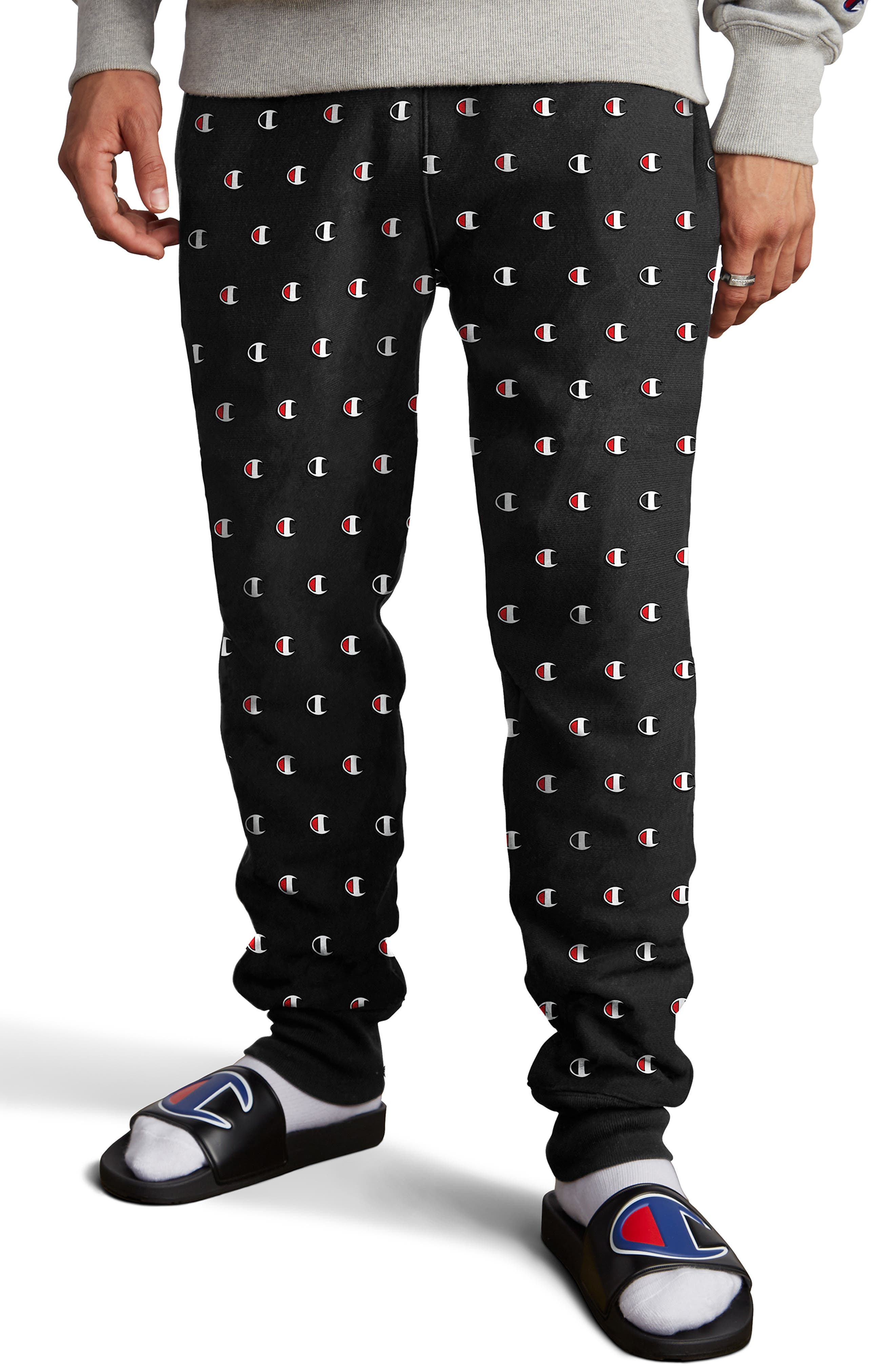 champion pants with logo all over