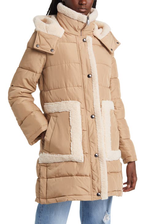Hooded Puffer Coat with Faux Shearling Trim