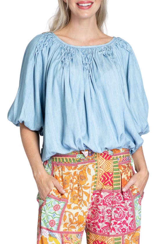 Apny Smocked Detail Chambray Top In Light Indigo