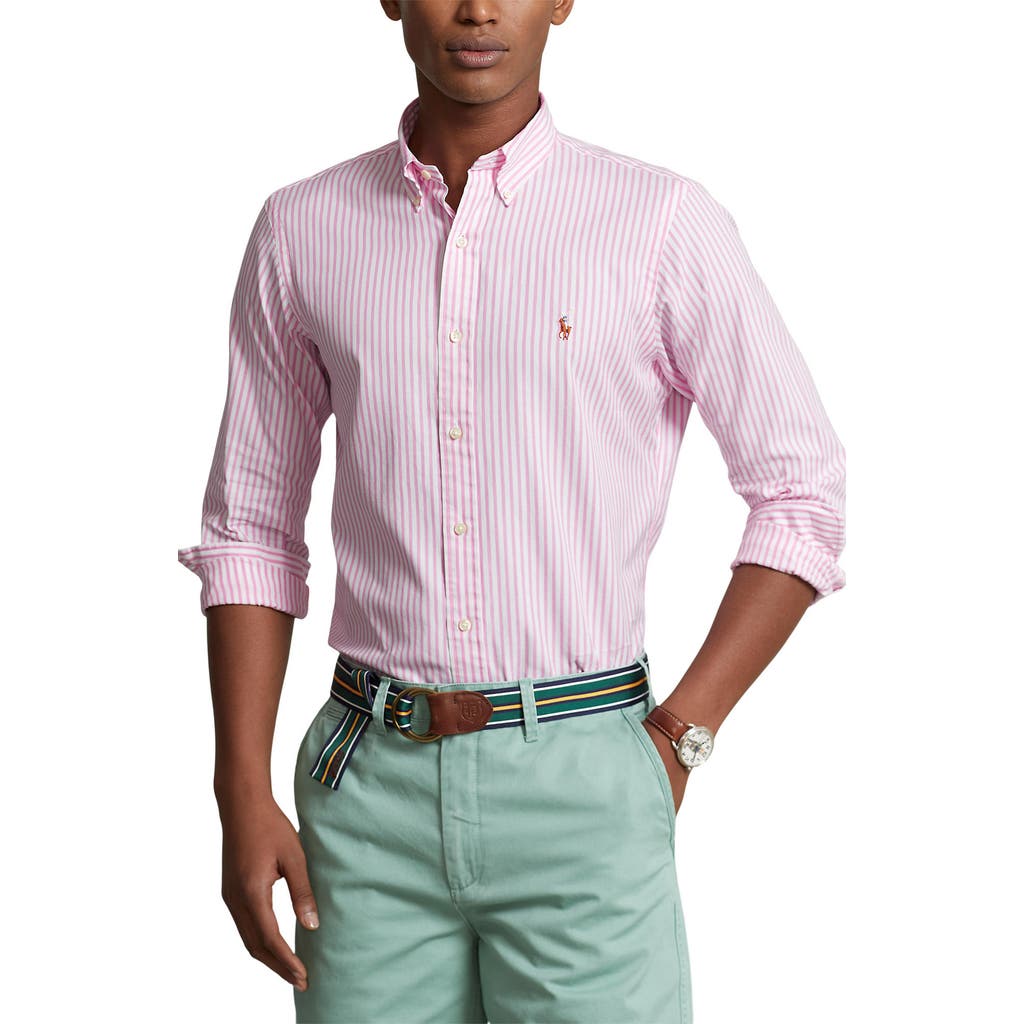 Polo Ralph Lauren Stripe Stretch Cotton Oxford Button-down Shirt In Pink