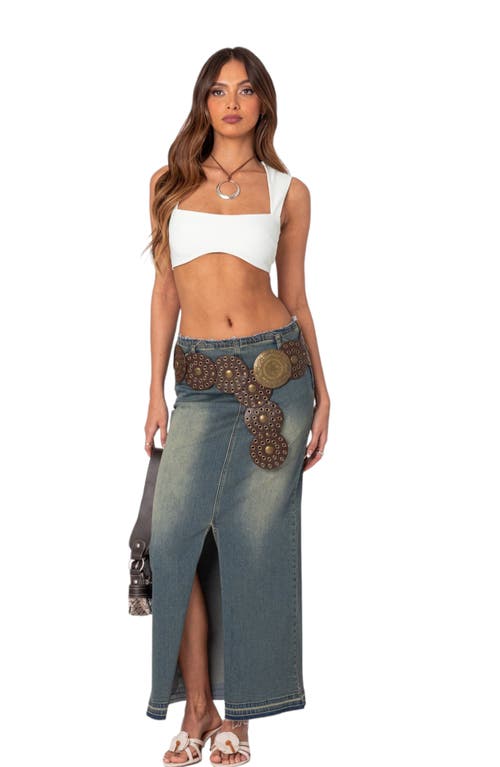 Shop Edikted Lexy Release Hem Stretch Cotton Denim Maxi Skirt In Blue-washed