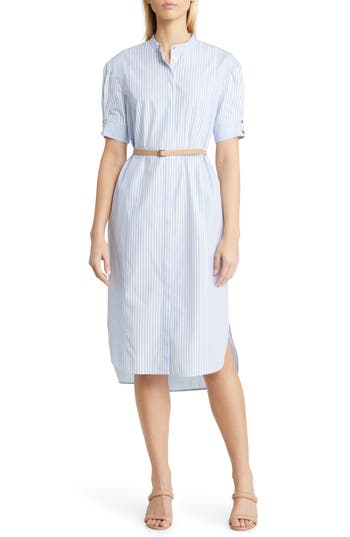 Hugo Boss Boss Woman Midi Dress Azure Size 8 Cotton In Summer Sky Pinstripe
