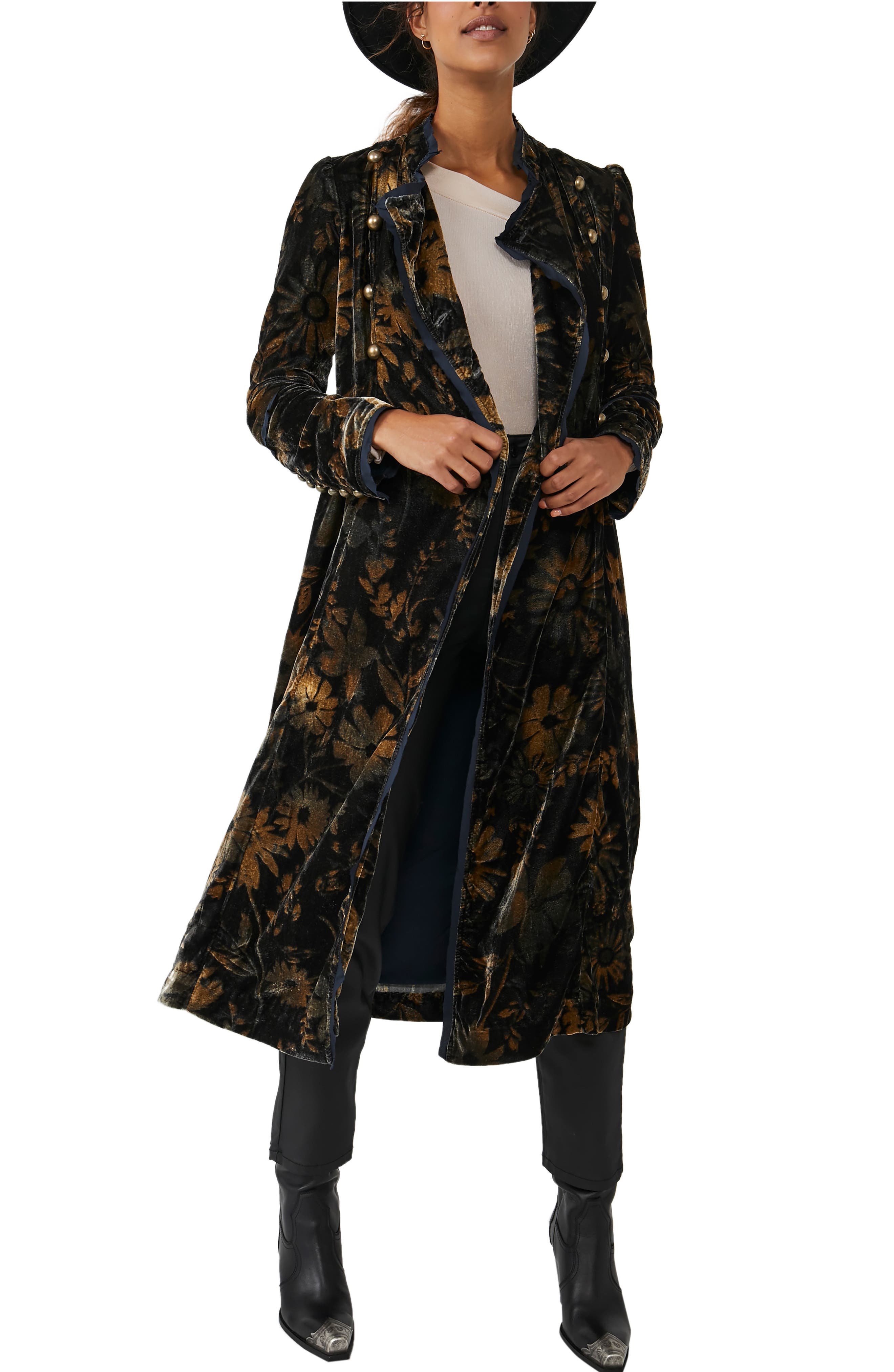 Free People Velvet Hazel Duster in Black Combo Black Womens Clothing Coats Long coats and winter coats 