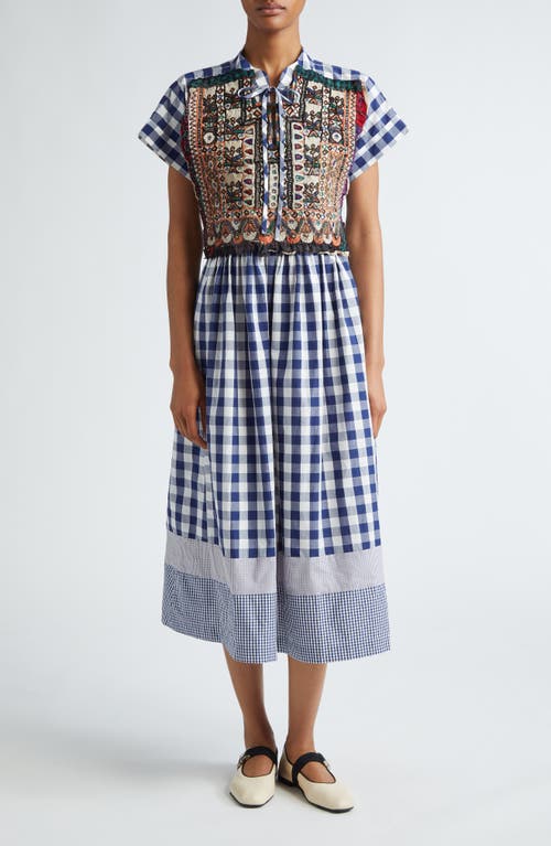 Gingham Cotton Midi Dress with Hand Embroidered Overlay in Navy/White