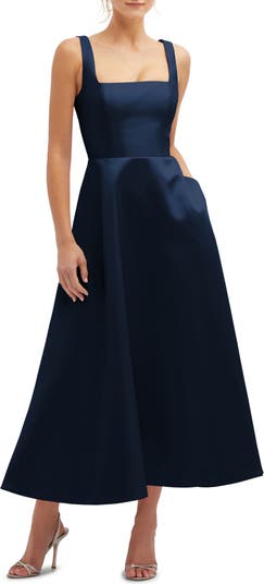 Dessy Collection Square Neck Sateen Midi Gown