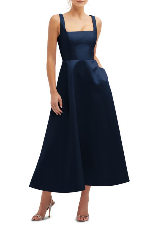 Square Neck Sateen Midi Gown in Midnight