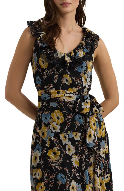 Shop Lauren Ralph Lauren Floral Belted Crinkle Georgette Dress In Black Multi