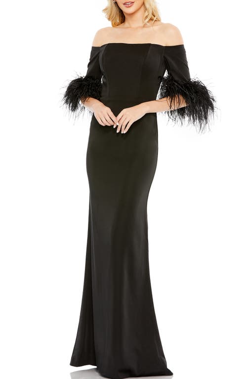 Mac Duggal Feather Trim Off the Shoulder Satin Trumpet Gown Black at Nordstrom,
