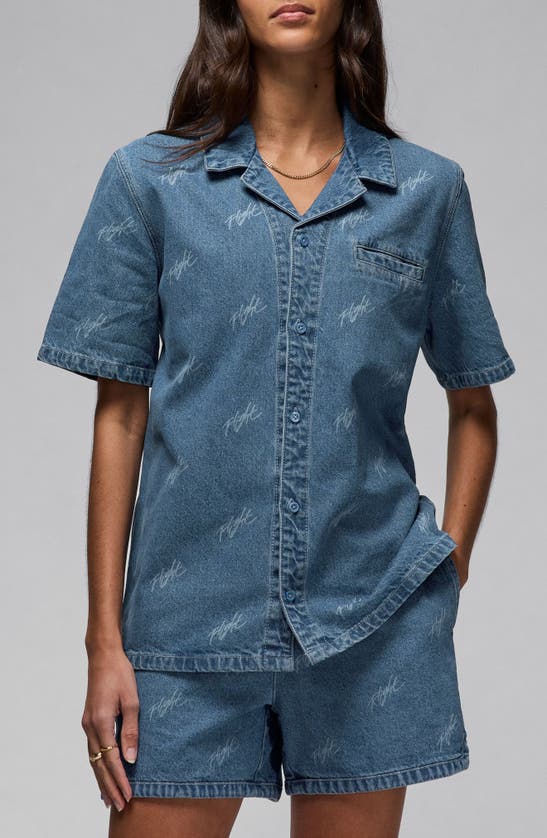 Shop Jordan Short Sleeve Denim Button-up Shirt In Stone Blue