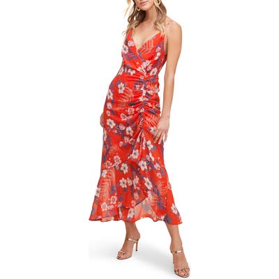 Astr The Label Mariah Ruched Floral Print Midi Dress, Red