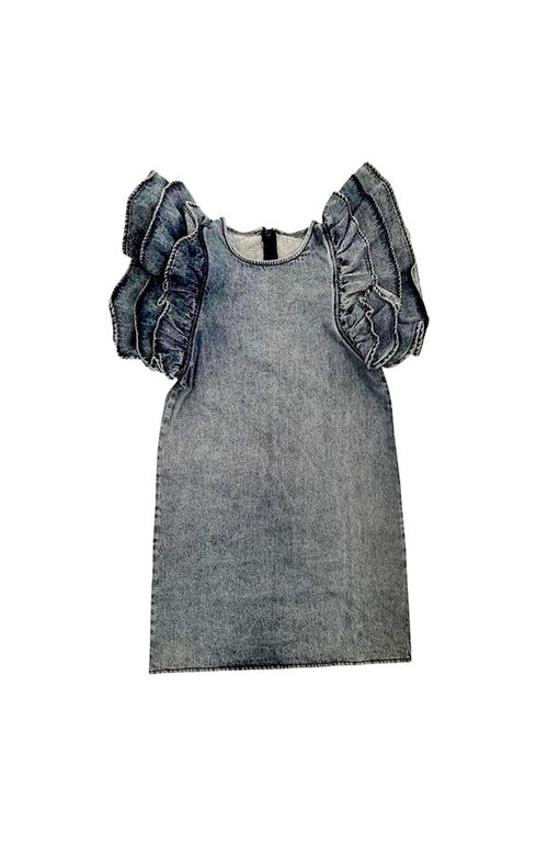 Shop Lola + The Boys Denim Ruffle Dress In Blue