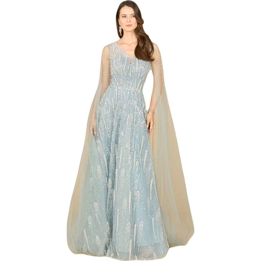 Lara New York Lace Gown With Cape Sleeves And V-neckline In Dustyblue