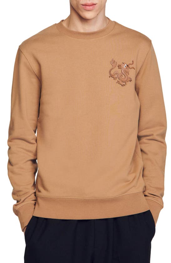 Shop Sandro Dragon Cotton Fleece Sweatshirt In Camel
