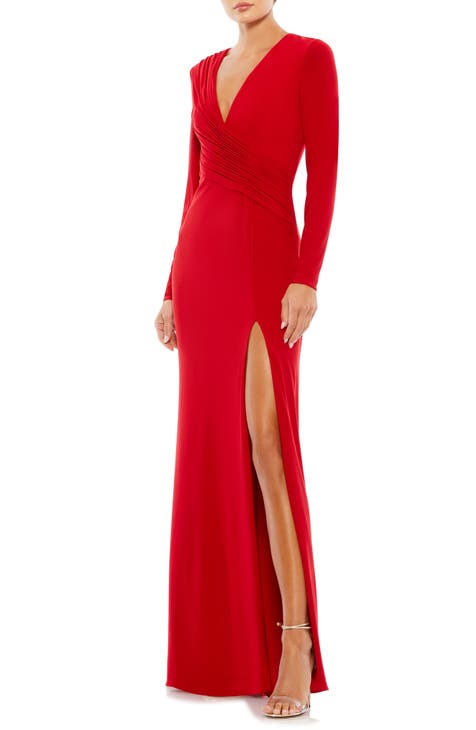 Ruched Jersey Long Sleeve Column Gown