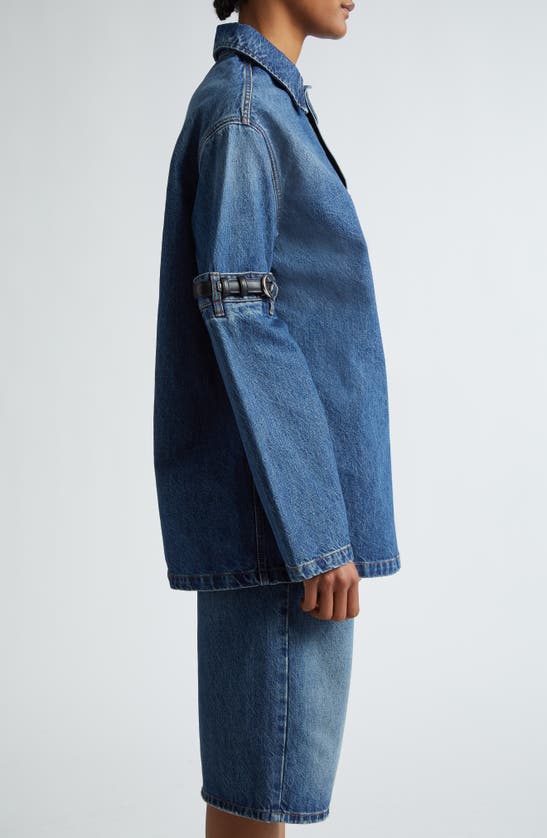 Shop Coperni Hybrid Belted Sleeve Denim Overshirt In Blue