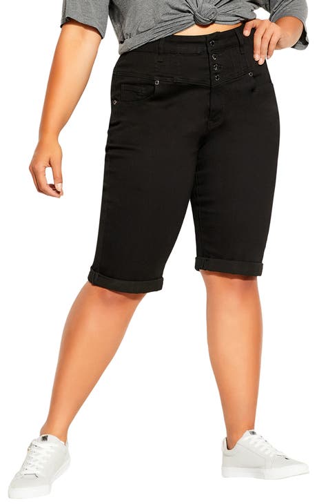 High Waist Cuffed Denim Bermuda Shorts (Plus Size)