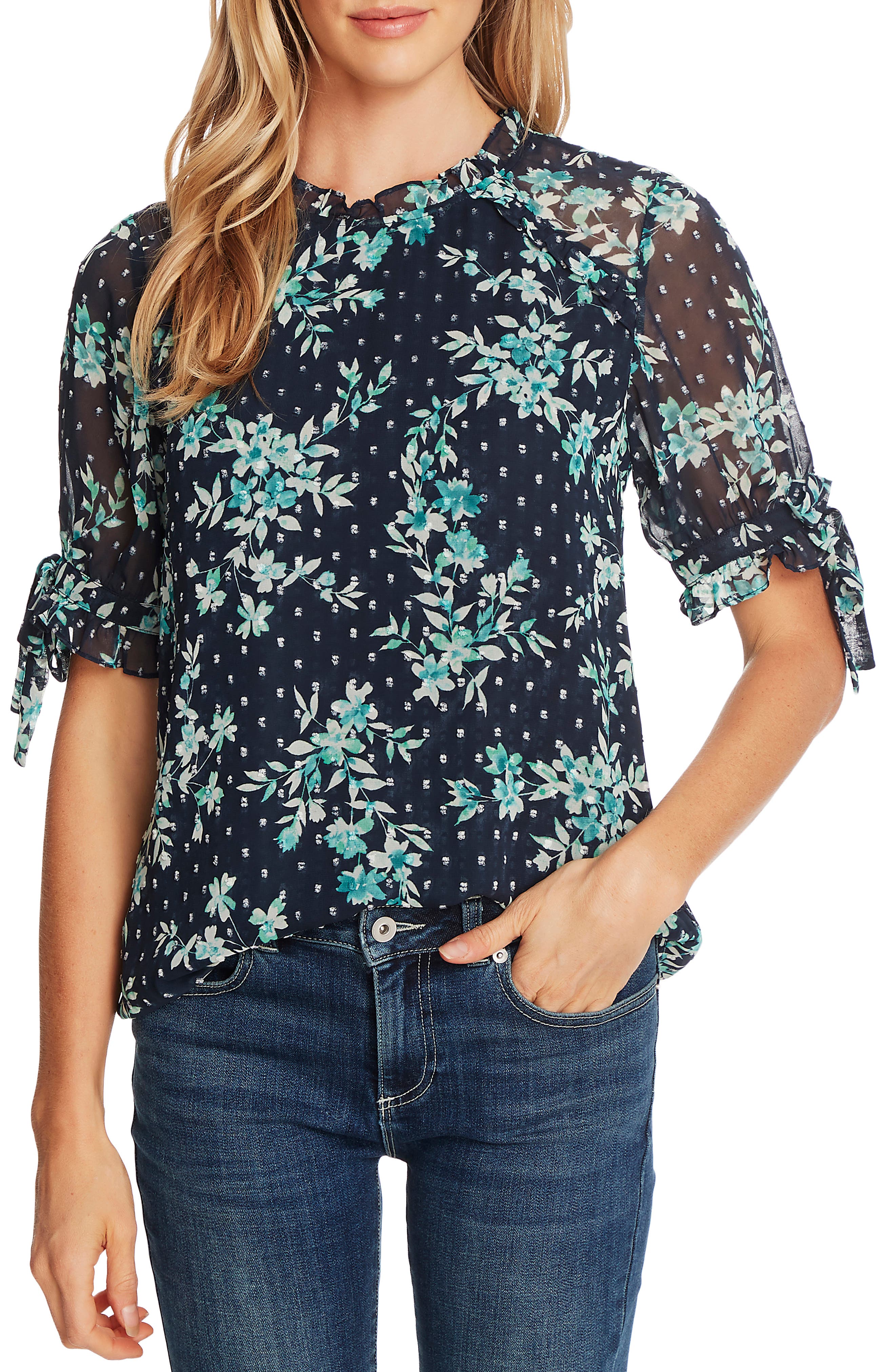 CeCe Breezy Bouquet Clip Dot Short Sleeve Top Nordstrom