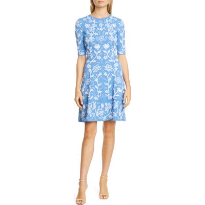 Lela Rose Floral Jacquard Flare Hem Sweater Dress, Blue