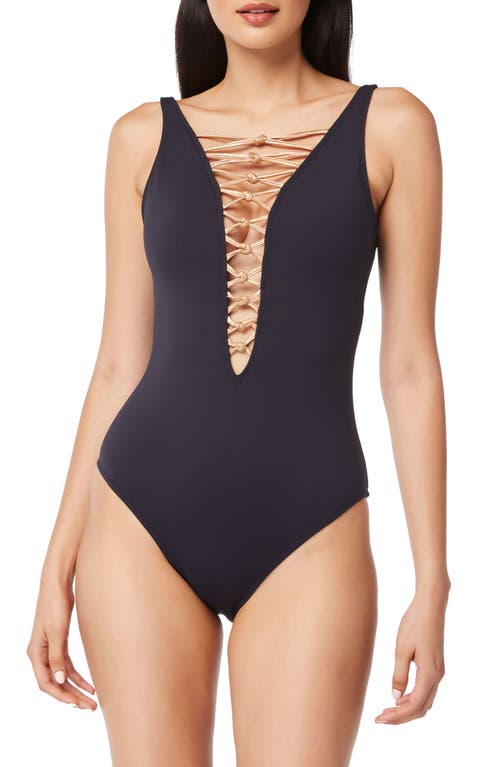 Bleu Rod Beattie Rod Beattie Let's Get Knotty Lace Down One-piece Swimsuit In Black/rose Gold