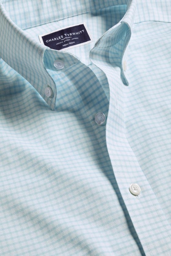 Shop Charles Tyrwhitt Slim Fit Button-down Collar Non-iron Stretch Check Oxford Shirt In Aqua Green