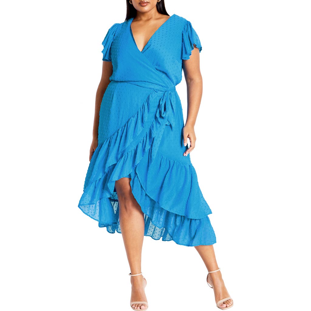 City Chic Clip Dot Wrap Front Dress In Cornflower