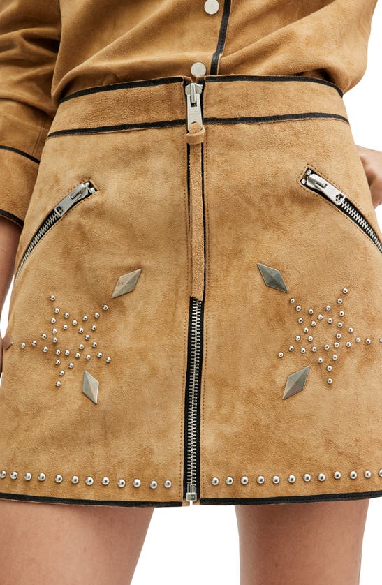 Shop Allsaints Karlson Lea Studded Suede Miniskirt In Tan Brown