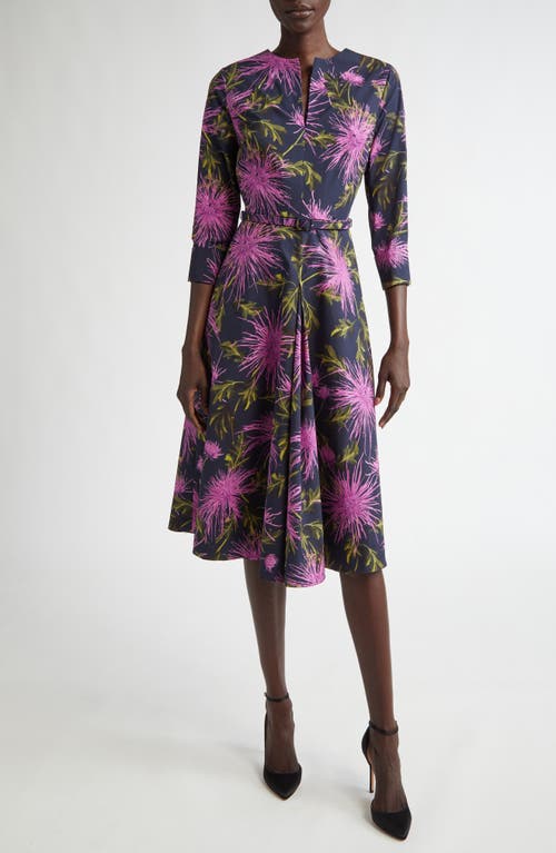 Shop Oscar De La Renta Floral Belted Split Neck Stretch Cotton Dress In Purple/navy