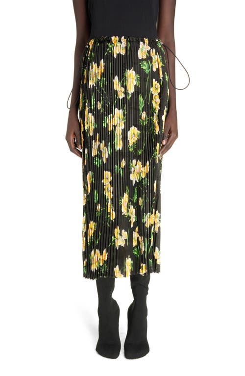 Pleated Floral Midi Skirt in Black/Yellow