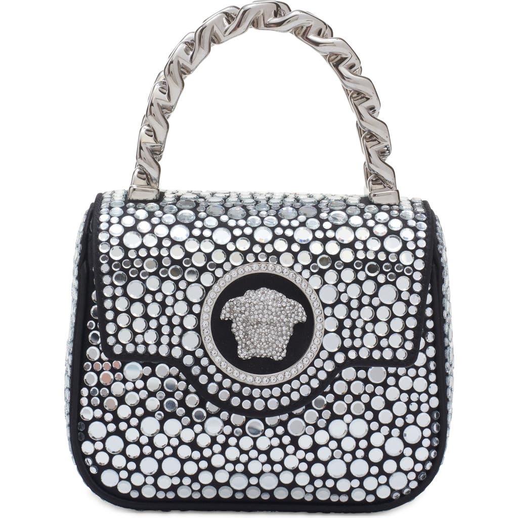 Versace Mini La Medusa Crystal Embellished Satin Top Handle Bag In Black/crystal/palladium
