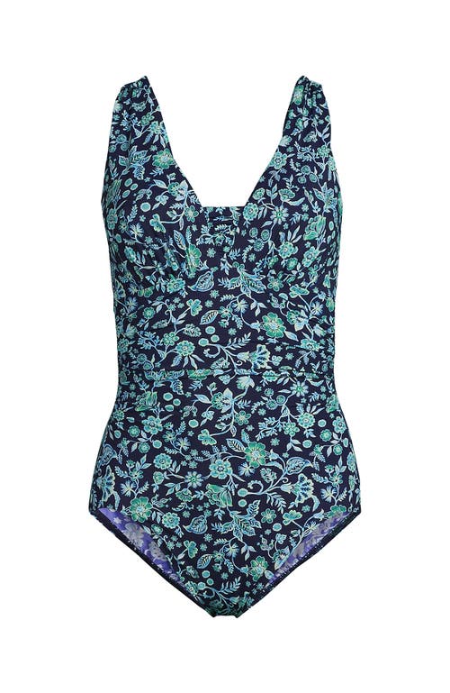 Shop Lands' End Slendersuit Grecian Tummy Control One Piece Swimsuit In Navy/turquoise Ornate Floral