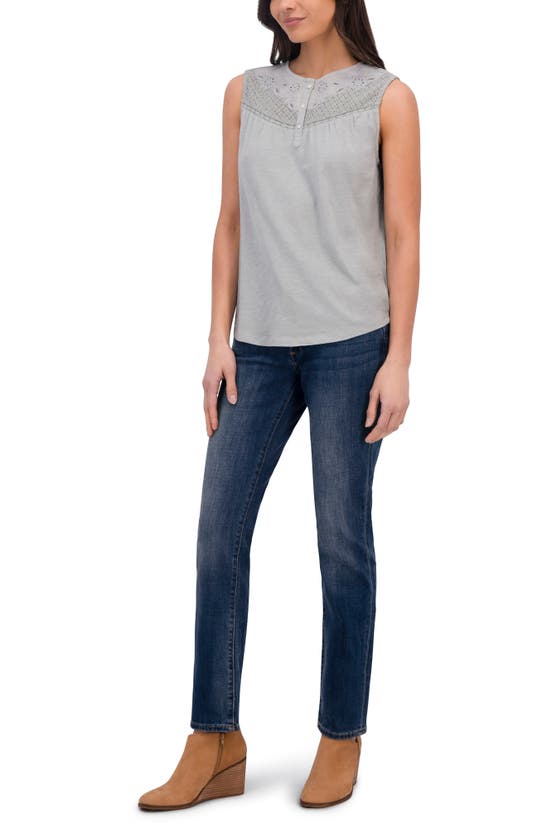 Lucky Brand Eyelet Yoke Half Placket Sleeveless Cotton Top In Mint Mirage