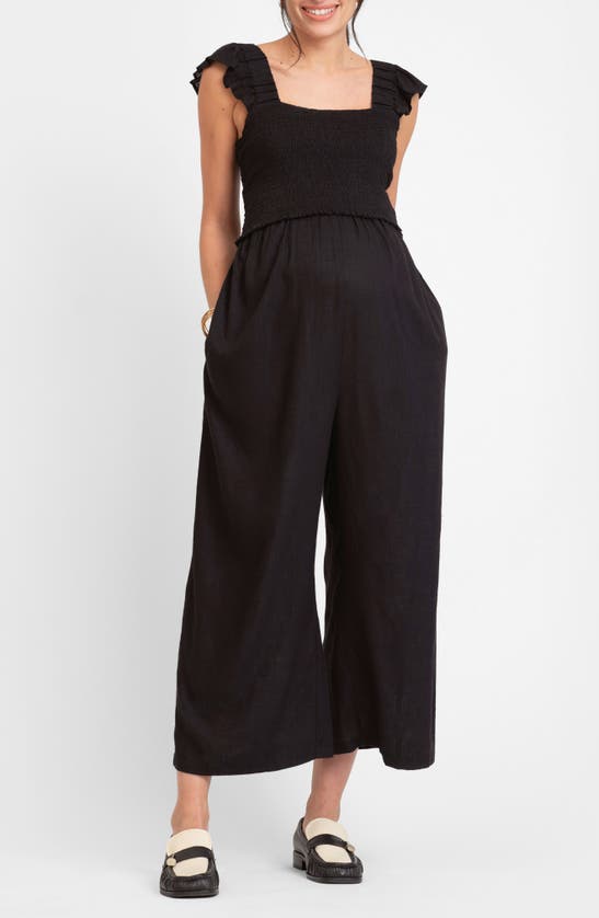 Shop Seraphine Smocked Wide Leg Maternity/nursing Jumpsuit In Black