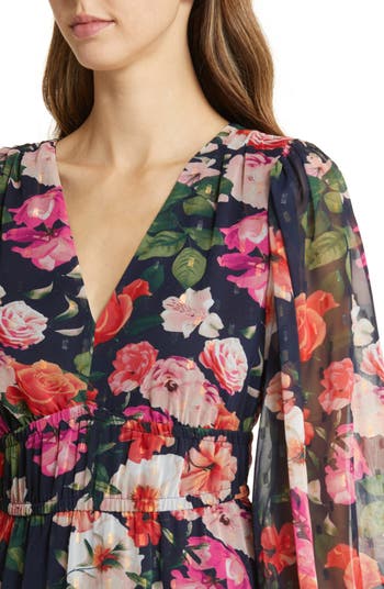 Eliza J Floral Print Chiffon Ruffle V-Neck Long Blouson Sleeve Tie Waist  High-Low Faux Wrap Maxi Dress
