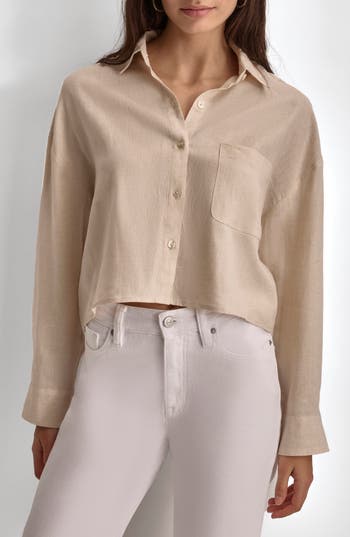Dkny Long Sleeve Linen Button-up Shirt In Neutral