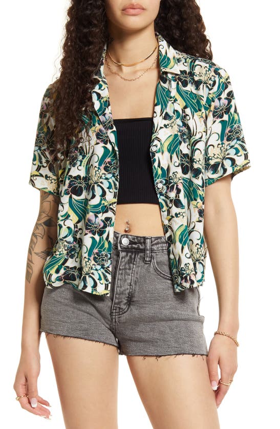 Bp. Retro Print Button-up Shirt In Black- Beige Zel Floral