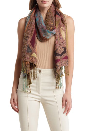 Vince Camuto Paisley Lurex Knit Scarf In Black/beige