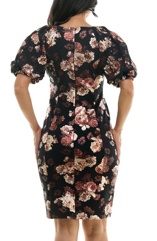 Shop Nina Leonard Floral Puff Sleeve Dress In Black/brown Multi