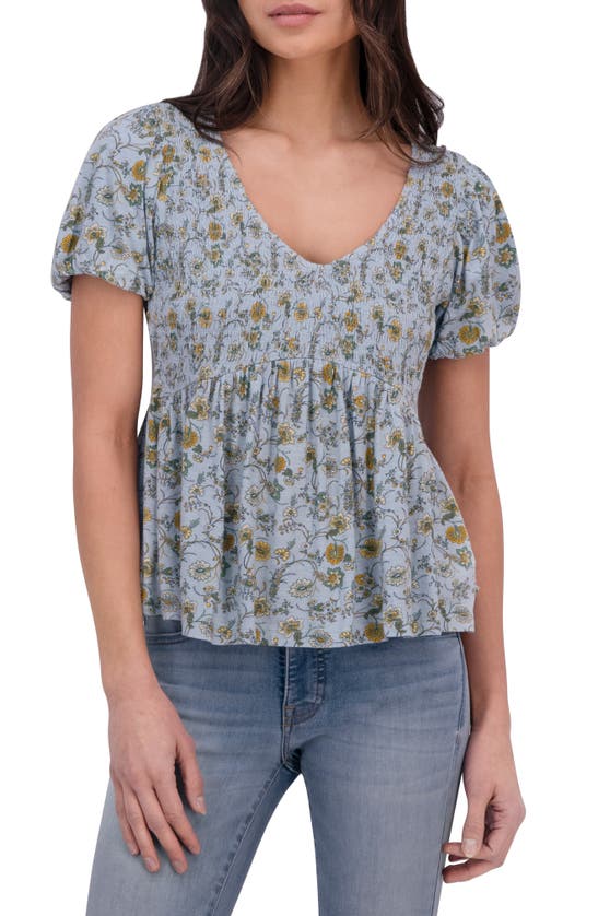 Lucky Brand Floral Smocked Puff Sleeve Top In Gray