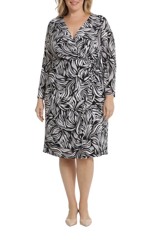 Shop Maggy London Print Long Sleeve Faux Wrap Dress In Black/light Grey