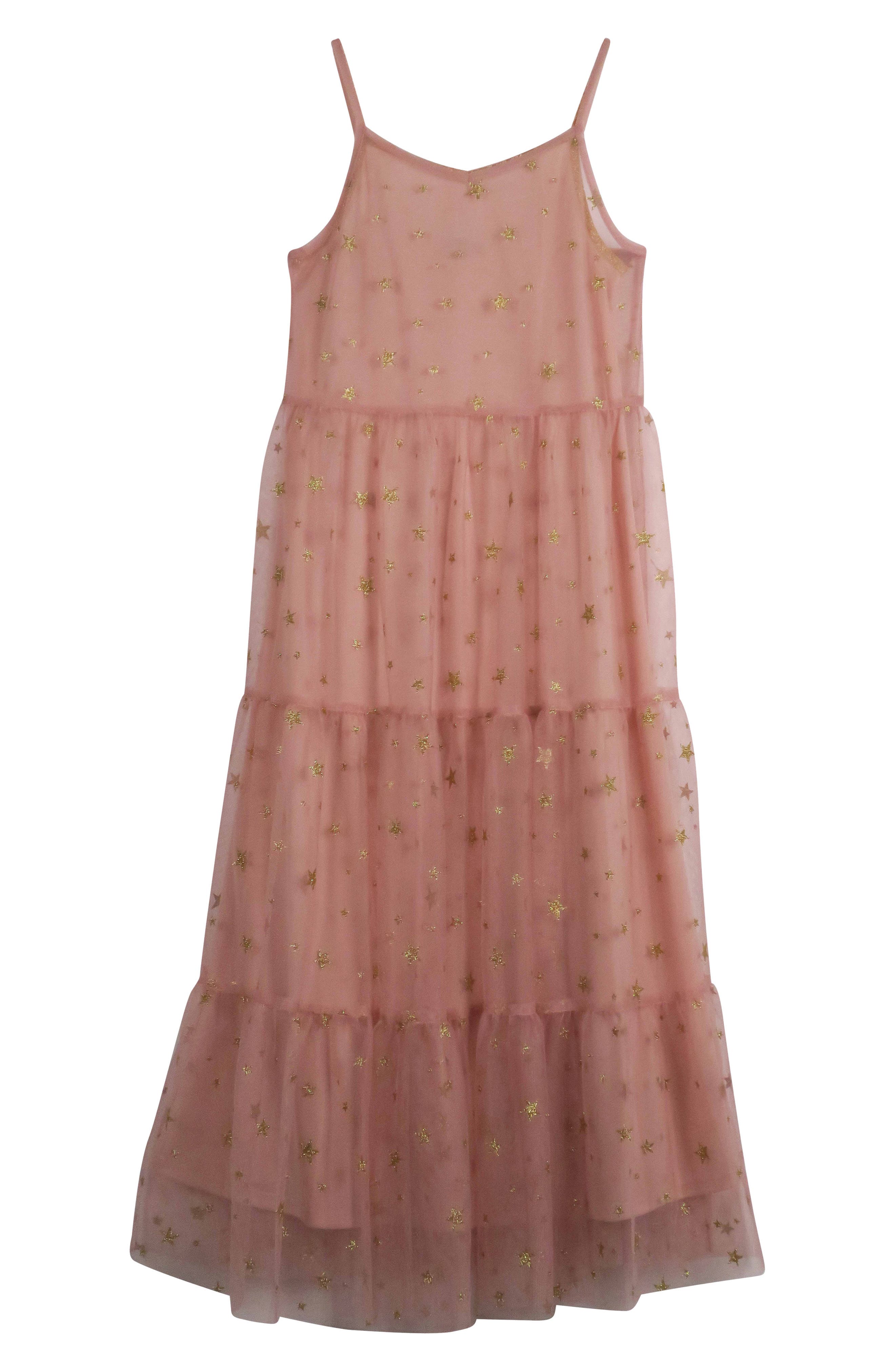 Zunie Kids' Glitter Star Mesh Maxi Dress in Ginger 