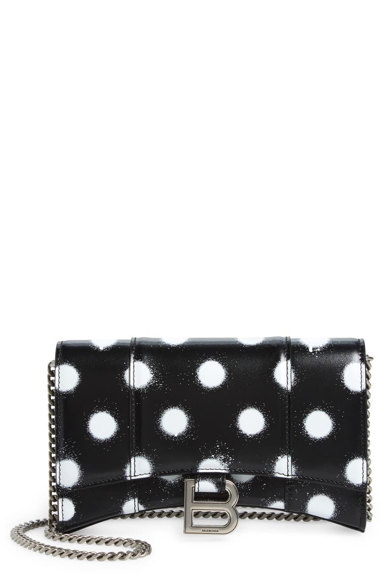 BALENCIAGA Hourglass Leather Wallet on a Chain, Main, color, BLACK/ WHITE