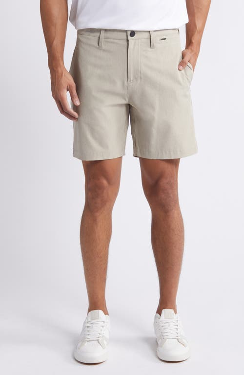 Shop Zella 7-inch Flat Front Stretch Chambray Shorts In Tan Aluminum