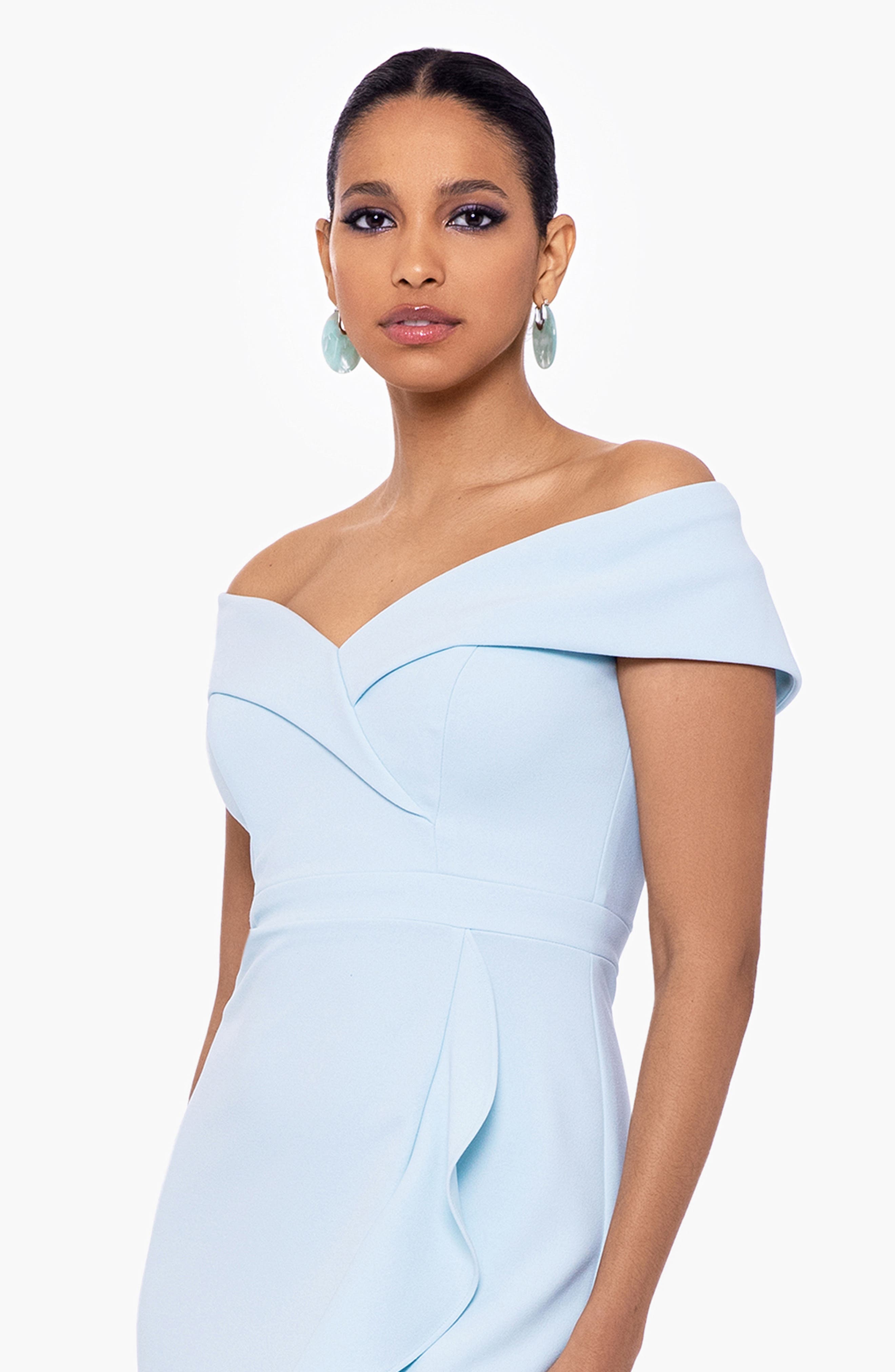 Xscape Off the Shoulder Ruffle Hem Crepe Gown in Aqua Smart Closet