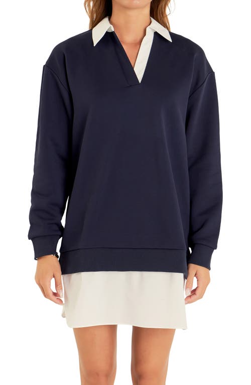 English Factory Mixed Media Long Sleeve Dress In Navy/white