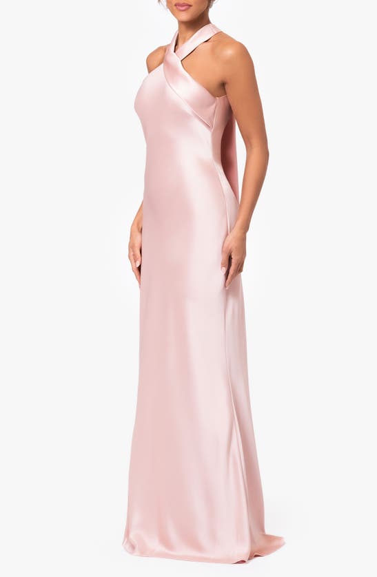 Shop Xscape Halter Neck Satin Trumpet Gown In Rose/ Gold