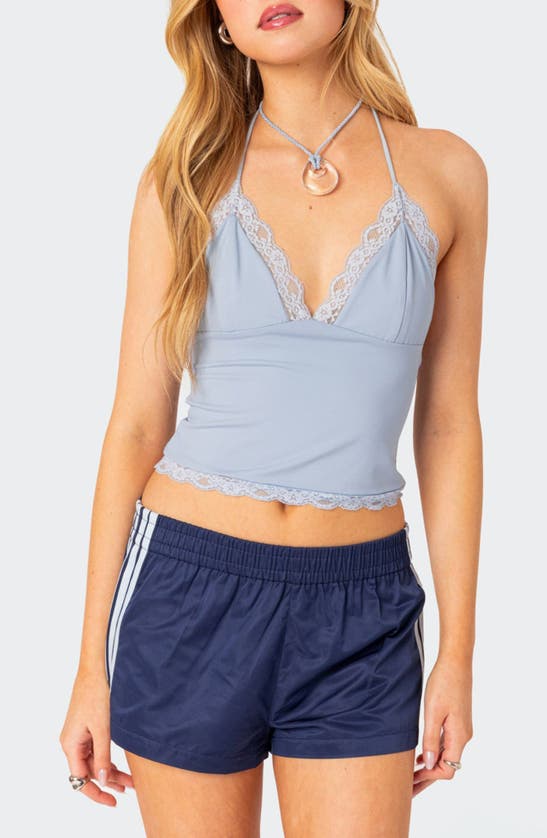 Shop Edikted Sharona Lace Trim Crop Halter Top In Light-blue