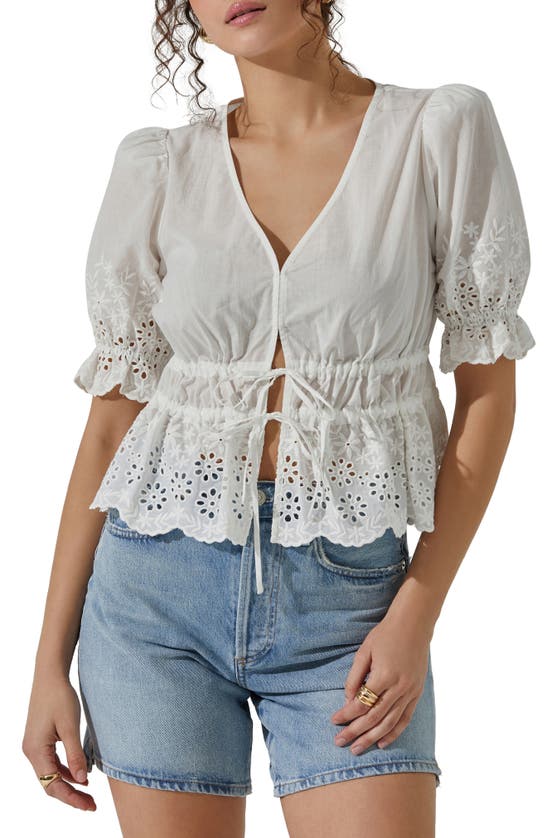Astr Eyelet Tie Front Cotton Top In White